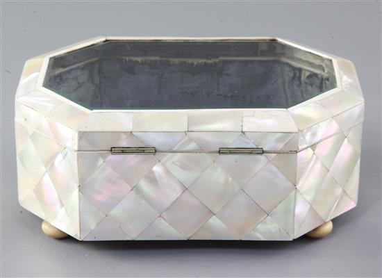 A Victorian mother of pearl clad jewellery casket, width 7.75in. depth 5.25in. height 3.25in.